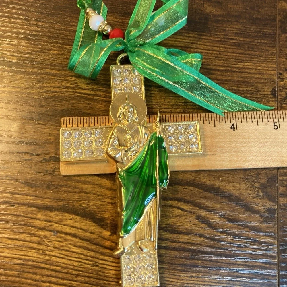 St Jude Rhinestone Cross Wall Hanging Green Red White Beaded Religious Decor
